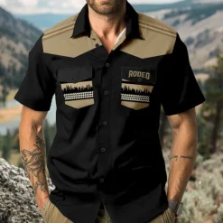 Outlet OUKU Men's Southwestern Print Shirt Western Shirt Cowboy Shirt Short Sleeve Western Style Outdoor Party Summer Spring Shirt Collar Black Blue Khaki