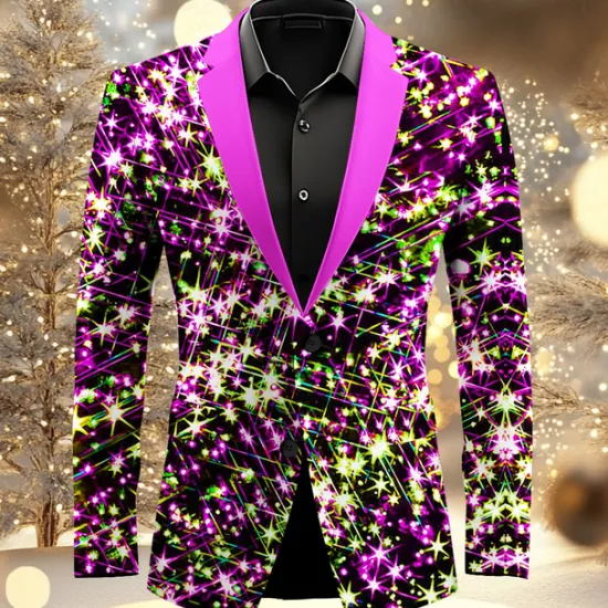 Best OUKU Men's Sparkly Glittery Long Sleeve Turndown Artistic Casual Party Evening Wear Daily New Year Eve Buttons 3D Print Multi Pocket