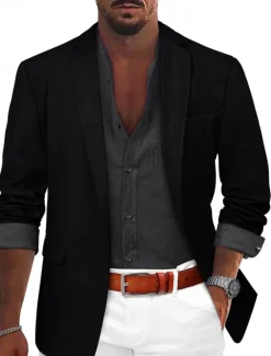 Sale OUKU Men's Sport Coat Linen Blazer Summer Wedding Fashion Casual Solid Colored Linen Blazer ArmyGreen Black Blue Tailored Fit Single Breasted One-button