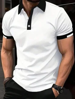 OUKU Men's Sport Polo Golf Shirt Casual Sports Tops Ribbed Polo Collar Short Sleeve Fashion Basic Solid Color Patchwork Summer Regular Fit Black White Red Blue Green Sport Polo