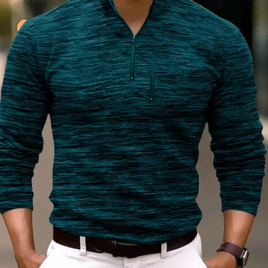 OUKU Men's Sport Polo Quarter Zip Polo Street Vacation Quarter Zip Long Sleeve Fashion Basic Solid Color Pocket Spring & Fall Regular Fit Burgundy Green Dark Grey Coffee Sport Polo