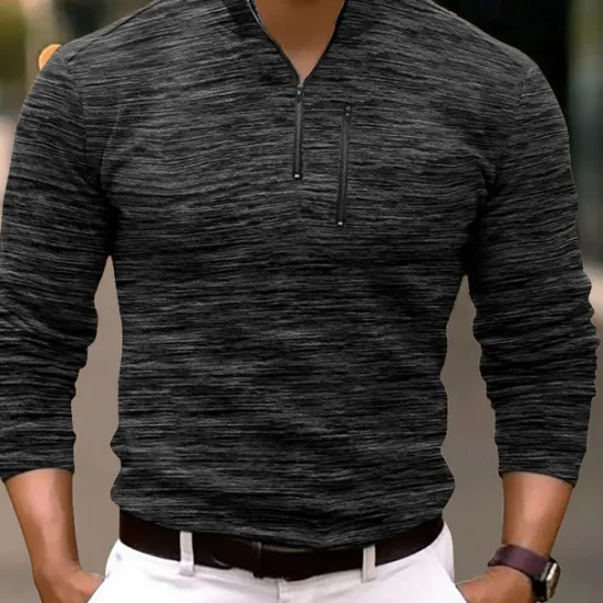 OUKU Men's Sport Polo Quarter Zip Polo Street Vacation Quarter Zip Long Sleeve Fashion Basic Solid Color Pocket Spring & Fall Regular Fit Burgundy Green Dark Grey Coffee Sport Polo