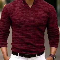 OUKU Men's Sport Polo Quarter Zip Polo Street Vacation Quarter Zip Long Sleeve Fashion Basic Solid Color Pocket Spring & Fall Regular Fit Burgundy Green Dark Grey Coffee Sport Polo