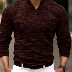 OUKU Men's Sport Polo Quarter Zip Polo Street Vacation Quarter Zip Long Sleeve Fashion Basic Solid Color Pocket Spring & Fall Regular Fit Burgundy Green Dark Grey Coffee Sport Polo