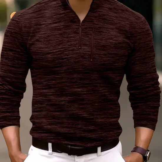 OUKU Men's Sport Polo Quarter Zip Polo Street Vacation Quarter Zip Long Sleeve Fashion Basic Solid Color Pocket Spring & Fall Regular Fit Burgundy Green Dark Grey Coffee Sport Polo