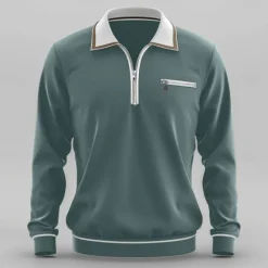 Online OUKU Men's Sport Polo Quarter Zip Polo Street Vacation Quarter Zip Long Sleeve Fashion Basic Solid Color Pocket Spring & Fall Regular Fit Green Dark Grey Sport Polo
