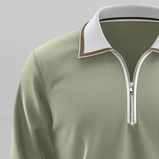 Online OUKU Men's Sport Polo Quarter Zip Polo Street Vacation Quarter Zip Long Sleeve Fashion Basic Solid Color Pocket Spring & Fall Regular Fit Green Dark Grey Sport Polo