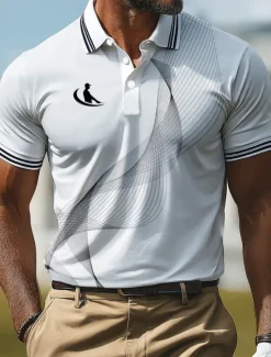 Online OUKU Men's Sports Polo Shirts Casual Sports Lapel Short Sleeve Geometic Line Buttons Summer Robin's Egg Blue Green Gray Sports Polo Shirts