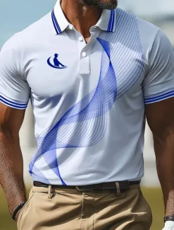 Online OUKU Men's Sports Polo Shirts Casual Sports Lapel Short Sleeve Geometic Line Buttons Summer Robin's Egg Blue Green Gray Sports Polo Shirts