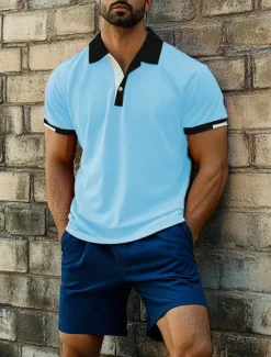 Clearance OUKU Men's Sports Polo Shirts Golf Shirt Casual Ribbed Polo Collar Short Sleeve Fashion Basic Solid Color Patchwork Summer Regular Fit Black White Red Blue Green Sports Polo Shirts