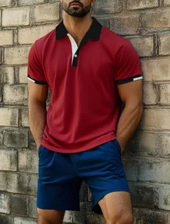Clearance OUKU Men's Sports Polo Shirts Golf Shirt Casual Ribbed Polo Collar Short Sleeve Fashion Basic Solid Color Patchwork Summer Regular Fit Black White Red Blue Green Sports Polo Shirts