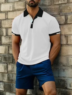 Clearance OUKU Men's Sports Polo Shirts Golf Shirt Casual Ribbed Polo Collar Short Sleeve Fashion Basic Solid Color Patchwork Summer Regular Fit Black White Red Blue Green Sports Polo Shirts