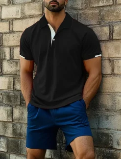 Clearance OUKU Men's Sports Polo Shirts Golf Shirt Casual Ribbed Polo Collar Short Sleeve Fashion Basic Solid Color Patchwork Summer Regular Fit Black White Red Blue Green Sports Polo Shirts