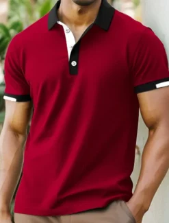 Online OUKU Men's Sports Polo Shirts Golf Shirt Casual Ribbed Polo Collar Short Sleeve Fashion Basic Solid Color Patchwork Summer Regular Fit Black White Red Blue Green Sports Polo Shirts