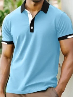 Online OUKU Men's Sports Polo Shirts Golf Shirt Casual Ribbed Polo Collar Short Sleeve Fashion Basic Solid Color Patchwork Summer Regular Fit Black White Red Blue Green Sports Polo Shirts