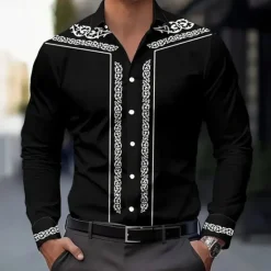New OUKU Men's Star Shirt Western Shirt Cowboy Shirt Long Sleeve Vintage Retro Outdoor Vacation Spring Fall Turndown 3D Print Linen Like Shirt Black 1 Black