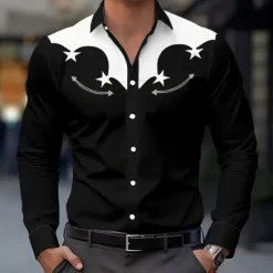 New OUKU Men's Star Shirt Western Shirt Cowboy Shirt Long Sleeve Vintage Retro Outdoor Vacation Spring Fall Turndown 3D Print Linen Like Shirt Black 1 Black