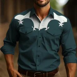 Sale OUKU Men's Star Shirt Western Shirt Cowboy Shirt Long Sleeve Casual Outdoor Street Casual Daily Fall & Winter Turndown Buttons Print Black Burgundy Dark Navy Sky Blue Olive