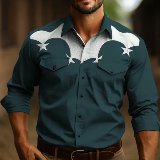Sale OUKU Men's Star Shirt Western Shirt Cowboy Shirt Long Sleeve Casual Outdoor Street Casual Daily Fall & Winter Turndown Buttons Print Black Burgundy Dark Navy Sky Blue Olive