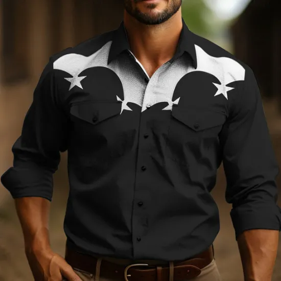 Sale OUKU Men's Star Shirt Western Shirt Cowboy Shirt Long Sleeve Casual Outdoor Street Casual Daily Fall & Winter Turndown Buttons Print Black Burgundy Dark Navy Sky Blue Olive