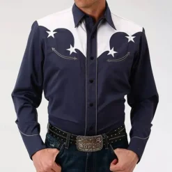 OUKU Men's Star Western Shirt Button Up Shirt Cowboy Shirt Long Sleeve Western Daily Fall & Winter Turndown Collared Shirts 3D Print Front Pocket Navy Blue