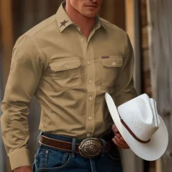 New OUKU Men's Star Work Shirt Western Shirt Cargo Shirt Long Sleeve Casual Tactical Sports Outdoor WorkWear Spring Fall Turndown Front Two Pockets Button Up Shirts Black White Army Green Blue Khaki