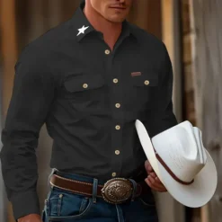 New OUKU Men's Star Work Shirt Western Shirt Cargo Shirt Long Sleeve Casual Tactical Sports Outdoor WorkWear Spring Fall Turndown Front Two Pockets Button Up Shirts Black White Army Green Blue Khaki