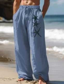 New OUKU Men's Starfish Linen Pants Pants Trousers Baggy Pants Mid Waist Vintage Outdoor Daily Wear Streetwear Side Pockets Elastic Drawstring Design White Blue Green
