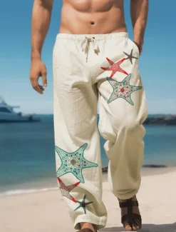 Sale OUKU Men's Starfish Linen Pants Pants Trousers Baggy Pants Mid Waist Vintage Outdoor Daily Wear Streetwear Elastic Drawstring Design Fall & Winter Blue Green Khaki