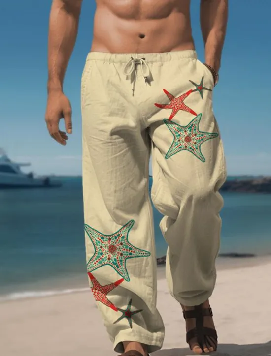 Sale OUKU Men's Starfish Linen Pants Pants Trousers Baggy Pants Mid Waist Vintage Outdoor Daily Wear Streetwear Elastic Drawstring Design Fall & Winter Blue Green Khaki
