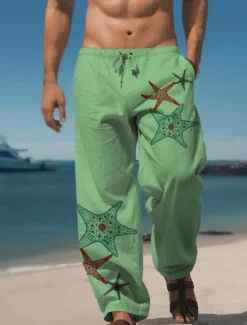 Sale OUKU Men's Starfish Linen Pants Pants Trousers Baggy Pants Mid Waist Vintage Outdoor Daily Wear Streetwear Elastic Drawstring Design Fall & Winter Blue Green Khaki
