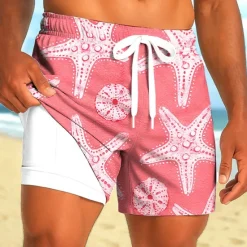 New OUKU Men's Starfish Sea Creatures Lined Shorts 2 in 1 Board Shorts Swim Shorts Mid Waist Hawaiian Holiday Side Pockets With Compression Liner Elastic Drawstring Waist Designer Clothing Apparel