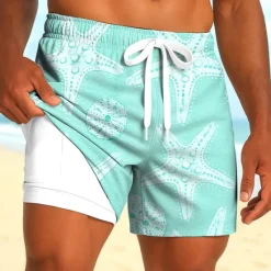 New OUKU Men's Starfish Sea Creatures Lined Shorts 2 in 1 Board Shorts Swim Shorts Mid Waist Hawaiian Holiday Side Pockets With Compression Liner Elastic Drawstring Waist Designer Clothing Apparel
