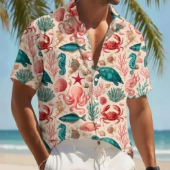 Outlet OUKU Men's Starfish Turtles Sea Creatures Shirt Summer Hawaiian Shirt Button Up Shirt Short Sleeve Hawaiian Resort Vacation Holiday Beach Wear Summer Spring Turndown 3D Print Collared Shirts Pink Apricot