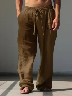 OUKU Men's Stars Linen Pants Pants Trousers Baggy Pants Mid Waist Vintage Outdoor Daily Wear Streetwear Fall & Winter White Green Khaki