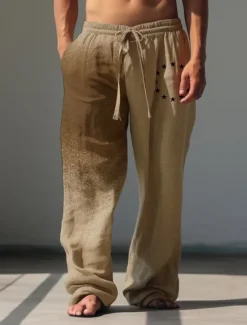 OUKU Men's Stars Linen Pants Pants Trousers Baggy Pants Mid Waist Vintage Outdoor Daily Wear Streetwear Fall & Winter White Green Khaki