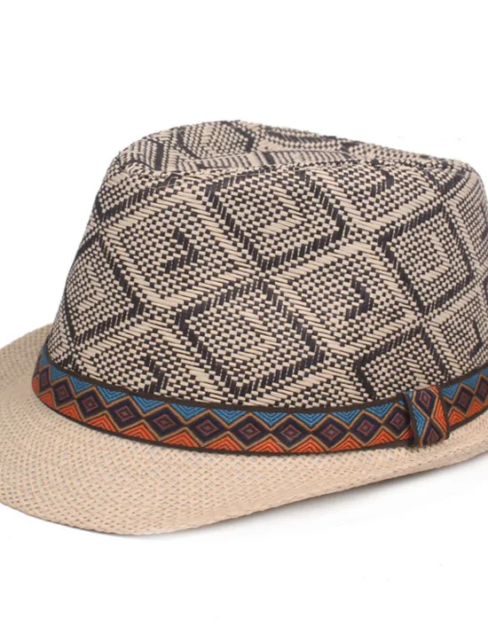 Best OUKU Men's Straw Hat Black Blue Licorice Braided Streetwear Stylish Casual Daily Outdoor clothing Holiday Diamond Pattern Sunscreen Breathability