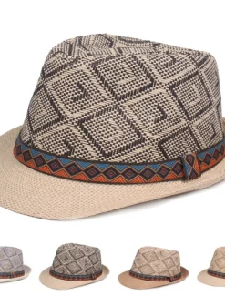 Best OUKU Men's Straw Hat Black Blue Licorice Braided Streetwear Stylish Casual Daily Outdoor clothing Holiday Diamond Pattern Sunscreen Breathability