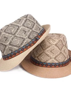 Best OUKU Men's Straw Hat Black Blue Licorice Braided Streetwear Stylish Casual Daily Outdoor clothing Holiday Diamond Pattern Sunscreen Breathability