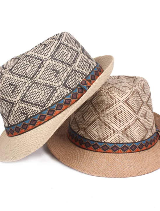 Best OUKU Men's Straw Hat Black Blue Licorice Braided Streetwear Stylish Casual Daily Outdoor clothing Holiday Diamond Pattern Sunscreen Breathability