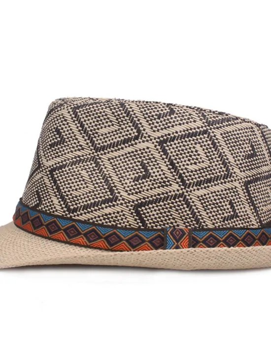 Best OUKU Men's Straw Hat Black Blue Licorice Braided Streetwear Stylish Casual Daily Outdoor clothing Holiday Diamond Pattern Sunscreen Breathability