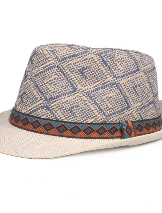 Best OUKU Men's Straw Hat Black Blue Licorice Braided Streetwear Stylish Casual Daily Outdoor clothing Holiday Diamond Pattern Sunscreen Breathability