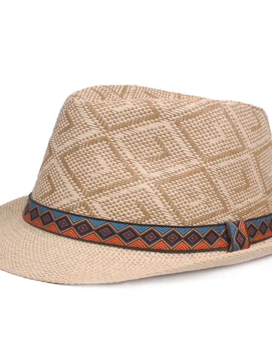 Best OUKU Men's Straw Hat Black Blue Licorice Braided Streetwear Stylish Casual Daily Outdoor clothing Holiday Diamond Pattern Sunscreen Breathability