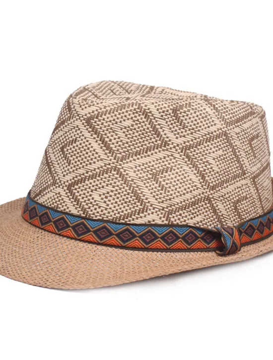 Best OUKU Men's Straw Hat Black Blue Licorice Braided Streetwear Stylish Casual Daily Outdoor clothing Holiday Diamond Pattern Sunscreen Breathability