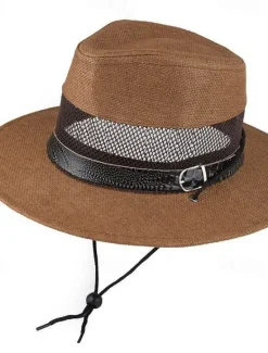 Clearance OUKU Men's Straw Hat Sun Hat Wild Brim Hat khaki Beige Linen Mesh Fashion Casual Street Daily Solid Color Adjustable Sunscreen Breathable