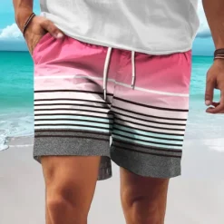 Outlet OUKU Men's Stripe Geometric Pattern Gradient Color Swim Shorts Board Shorts Swimming Trunks Mid Waist Hawaiian Casual Holiday Beach Drawstring with Mesh lining Elastic Waist Designer Clothing Apparel Pink