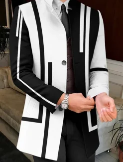 Hot OUKU Men's Stripe Geometry Winter Coat Overcoat Coat Warm Breathable Comfortable Business Work Wear to work Going out Pocket Print Fall & Winter Stand Collar Long Sleeve White Yellow Red