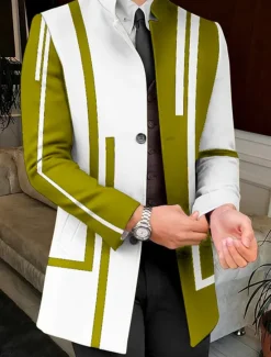 Hot OUKU Men's Stripe Geometry Winter Coat Overcoat Coat Warm Breathable Comfortable Business Work Wear to work Going out Pocket Print Fall & Winter Stand Collar Long Sleeve White Yellow Red