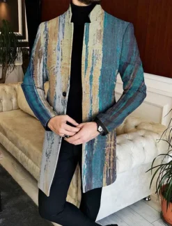 Online OUKU Men's Stripe Geometry Winter Coat Overcoat Coat Warm Breathable Comfortable Fashion Streetwear Business Work Wear to work Going out Pocket Print Fall & Winter Turndown Long Sleeve Black Blue Green