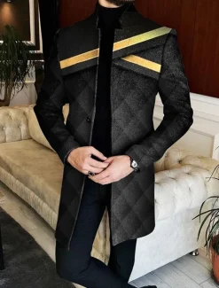 Online OUKU Men's Stripe Geometry Winter Coat Overcoat Coat Warm Breathable Comfortable Fashion Streetwear Business Work Wear to work Going out Pocket Print Fall & Winter Turndown Long Sleeve Black Blue Green